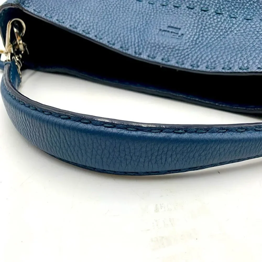 Auth Fendi Cuoio Romano Blue Selleria cLeather 2way Anna Bucket Bag Hobo Shopper